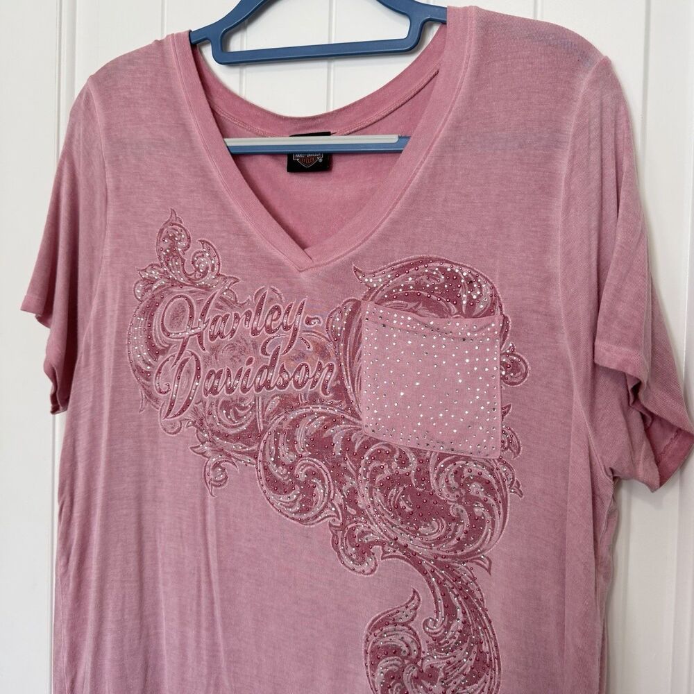 Harley Davidson Short Sleeve Shirt Women’s XL Pink Rhinestones Biker Grunge Moto